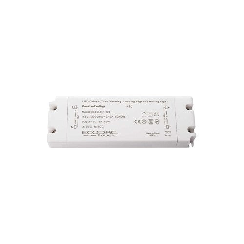 Integral LED Constant Voltage Driver 60W 12Vdc Ip20 Triac Dimmable 200-240V Input 6W Min Load Ecopac Power - ELED-60P-12T