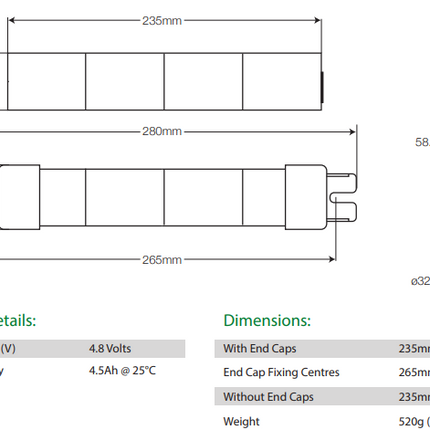 LitePlan 4.8V 4.5Ah NiCd Battery in Stick Formation with End Caps & Twin Socket