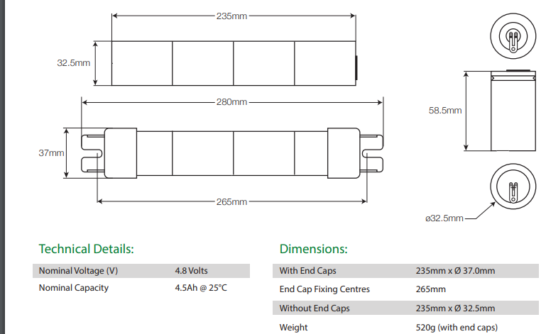 LitePlan 4.8V 4.5Ah NiCd Battery in Stick Formation with End Caps & Twin Socket