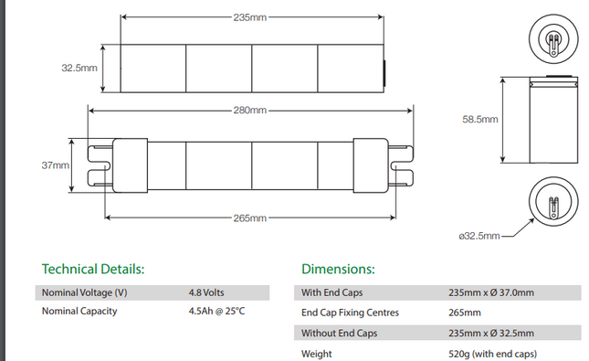 LitePlan 4.8V 4.5Ah NiCd Battery in Stick Formation with End Caps & Twin Socket