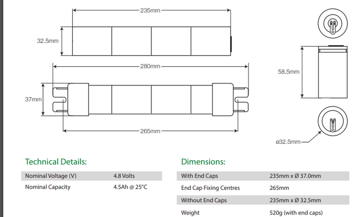 LitePlan 4.8V 4.5Ah NiCd Battery in Stick Formation with End Caps & Twin Socket