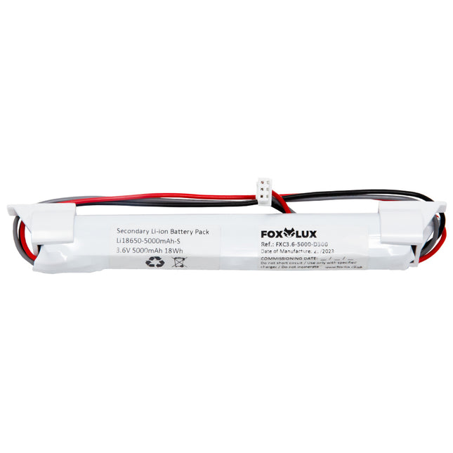 FXC3.6-5000-D300 Battery Type: 2 x 18650 Li-ion 3.6V 5.0Ah Cable Length: 300mm Material: Polycarbonate Gross Weight: 0.10kg Commodity Code: 85065010  5000mAh battery used with FXE06 in 3W configuration.
