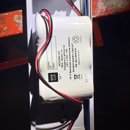 NCD34BS/JST One-Lux NCD34BS NICD 4Ah 3 Cell 3.6V Emergency Battery Side by Side  Dimensions 85mm W 60mm H 35mm D Mounted on a fixing plate C/W Amp connector High Temperature 55 Degrees