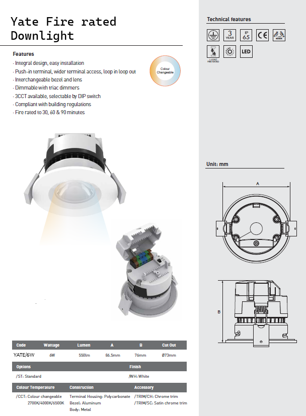 Yates fire rated downlight