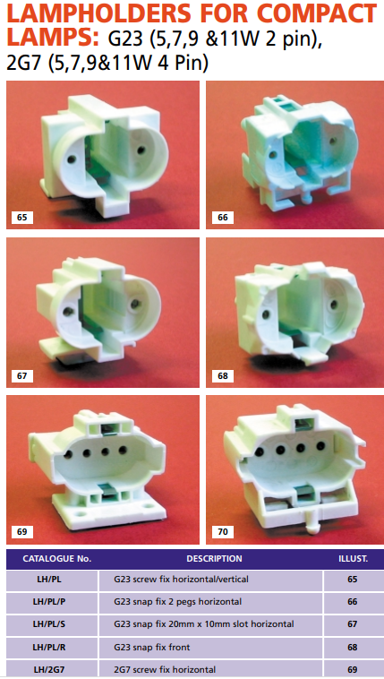 Lampholders for  G23 ( 2 Pin )  /2G7 ( 4 Pin ) PLS/Dulux S/Se